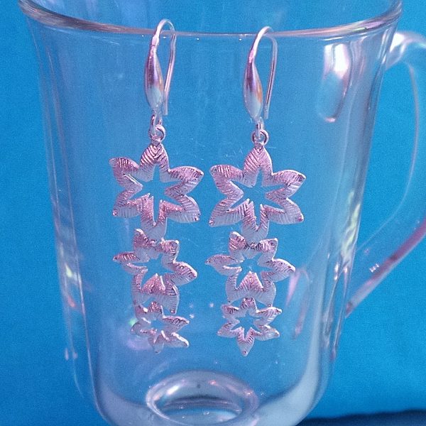 Triple Tiered Hawaiian Blossom Silver Drop Earrings