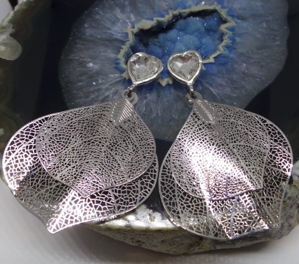 Brass Silver Plated CZ Heart and Leaf Earrings