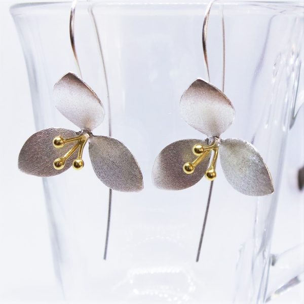 Silver and Gold Coloured Three Petalled Flower Earrings
