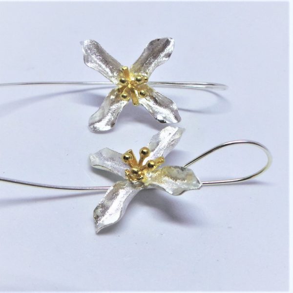 Classic, Two Tone, Four Petal Sterling Silver Flower Earrings