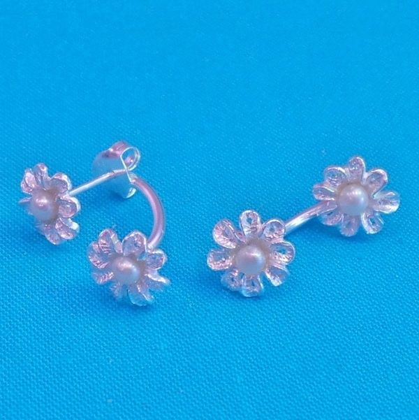 Unusual Double Drop Silver Pearl Flower Earrings