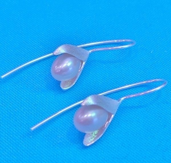 Stylish Long Drop Silver and Pearl Flower Earrings
