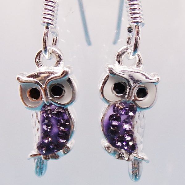 Purple Crystal, Owl, Sterling Silver, Hook, Earrings