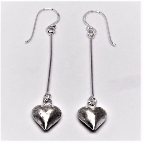 Contemporary, Sterling Silver Long Drop Heart Hook Earrings